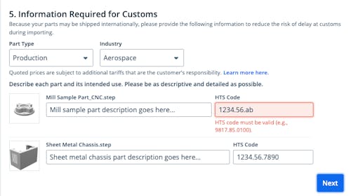 Screenshot of Xometry HTS code validation during checkout.