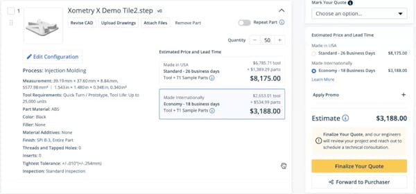 Screenshot of an instant pricing estimate for an injection molding order