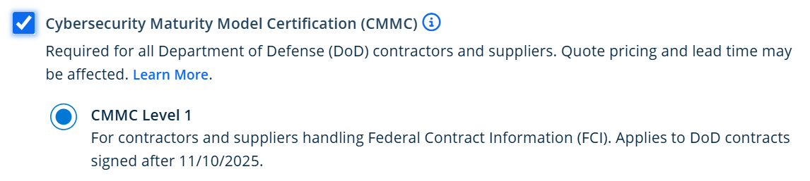 CMMC selection in Xometry IQE.