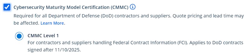 CMMC selection in Xometry IQE.