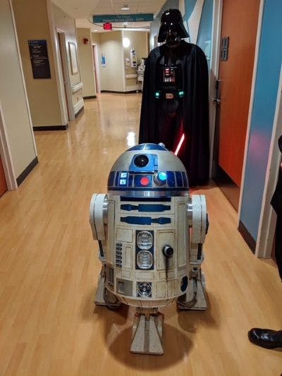 Scavenger Workshop co-founder Mark Hammonds brought his R2D2 to visit a hospital.