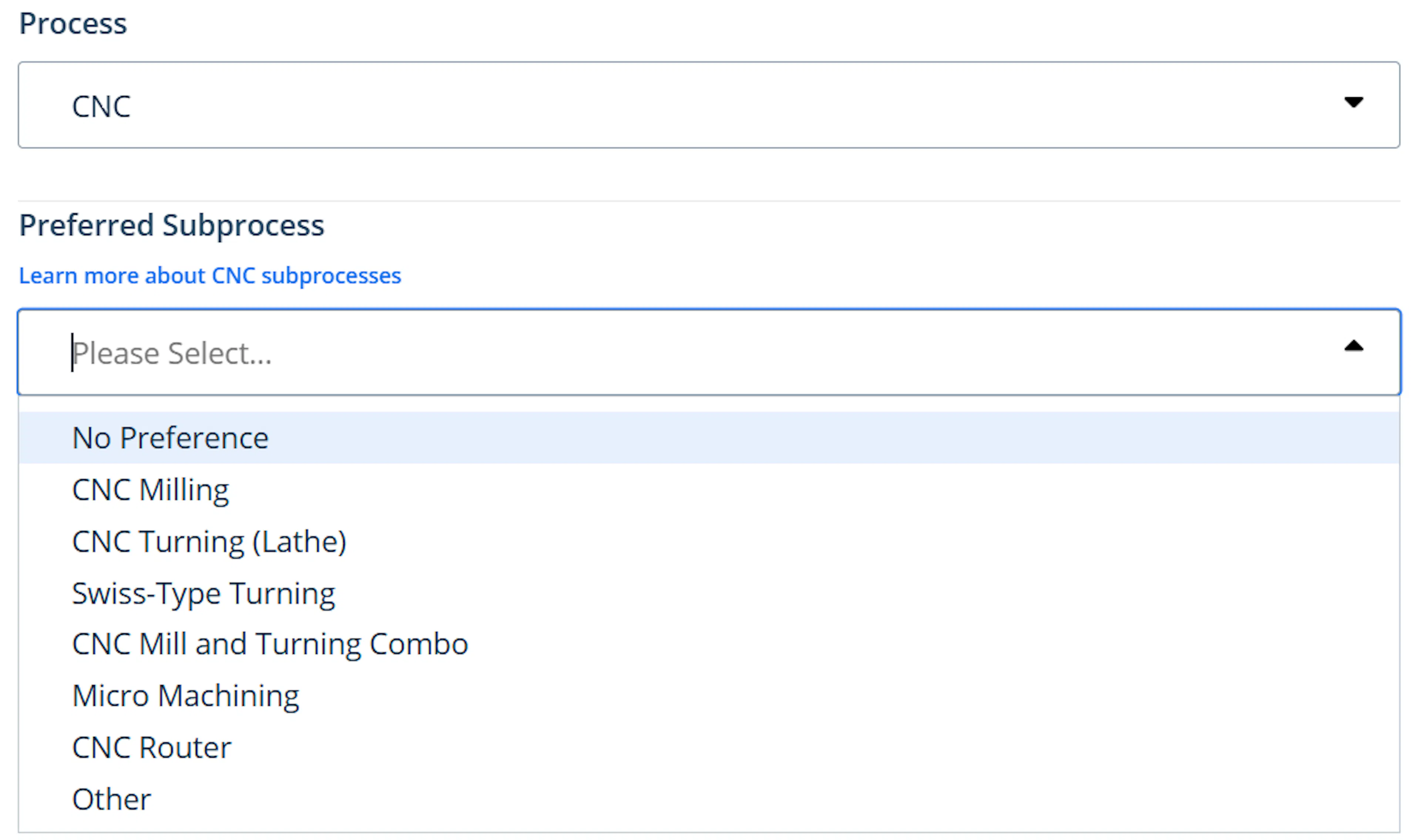 CNC Preffered Subprocess dropdown menu