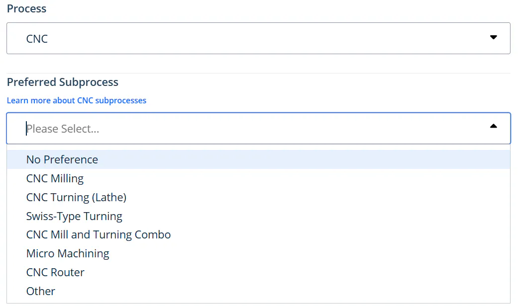 CNC Preffered Subprocess dropdown menu