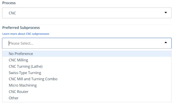 CNC Preffered Subprocess dropdown menu