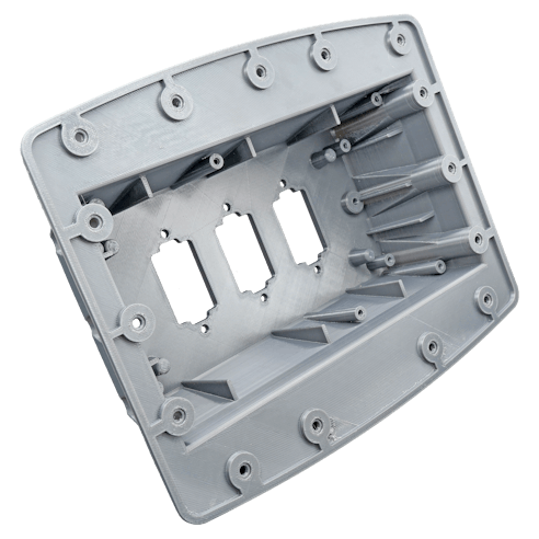 Housing printed in gray PETG via FDM.
