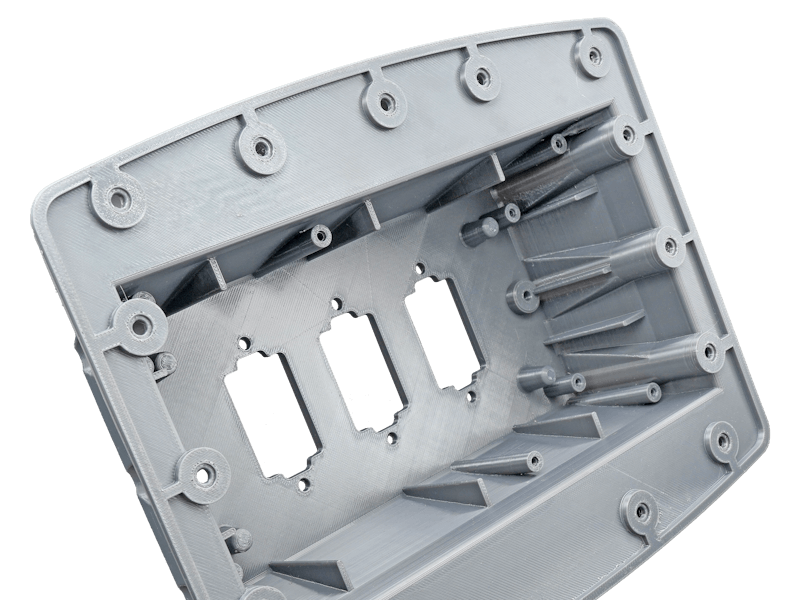 Housing printed in gray PETG via FDM.