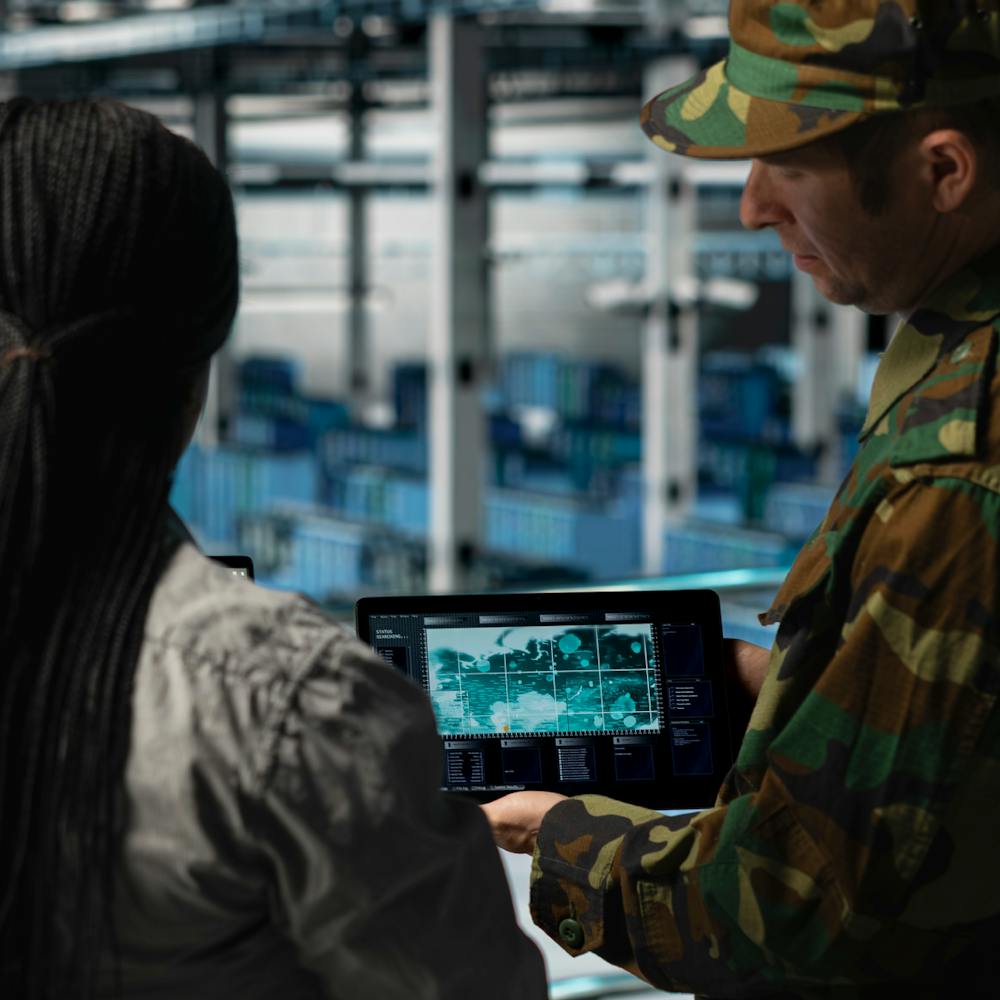 Army personnel watching a test flight on a screen