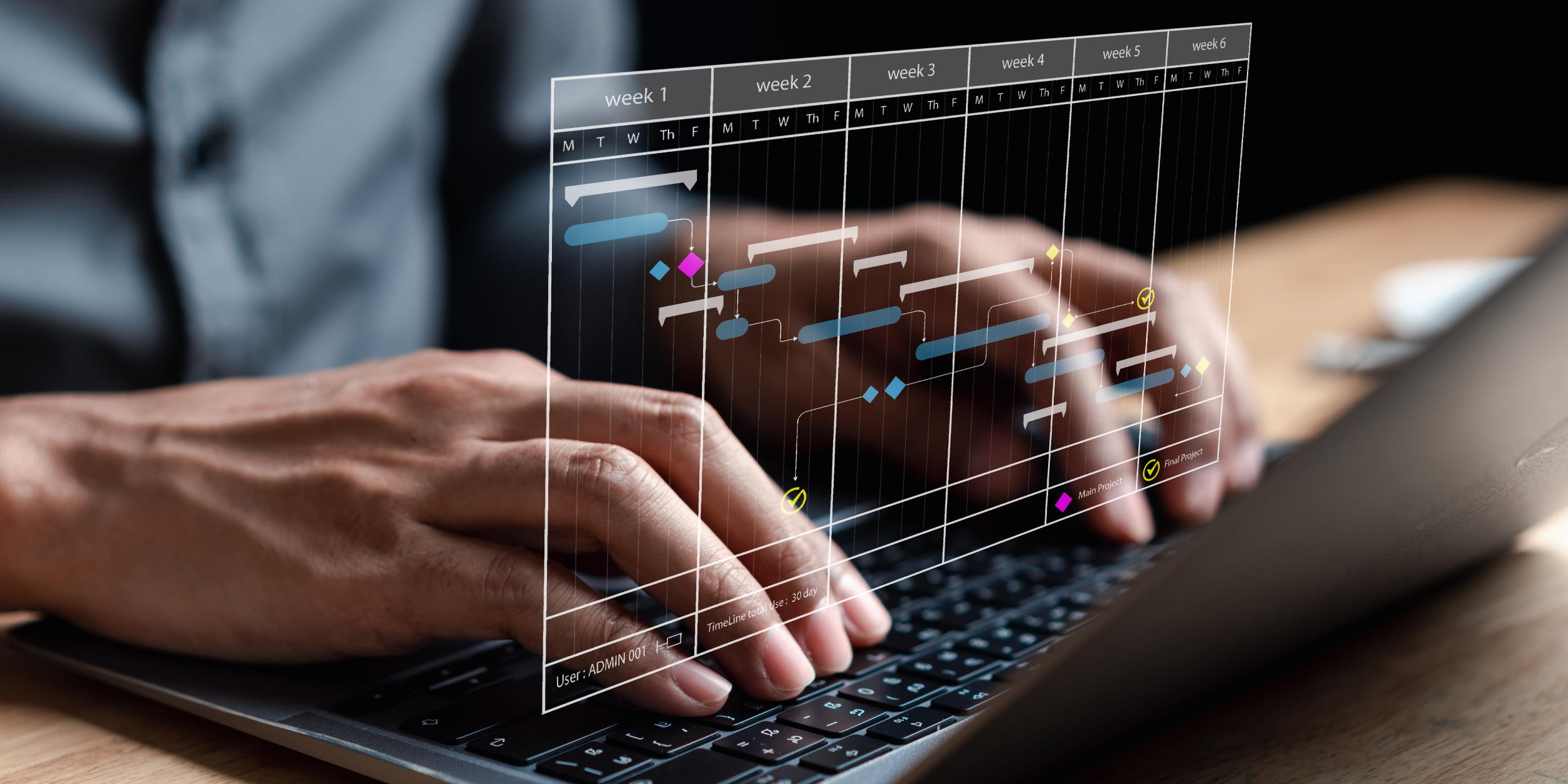 Close-up of hands typing on a laptop displaying a scheduling program