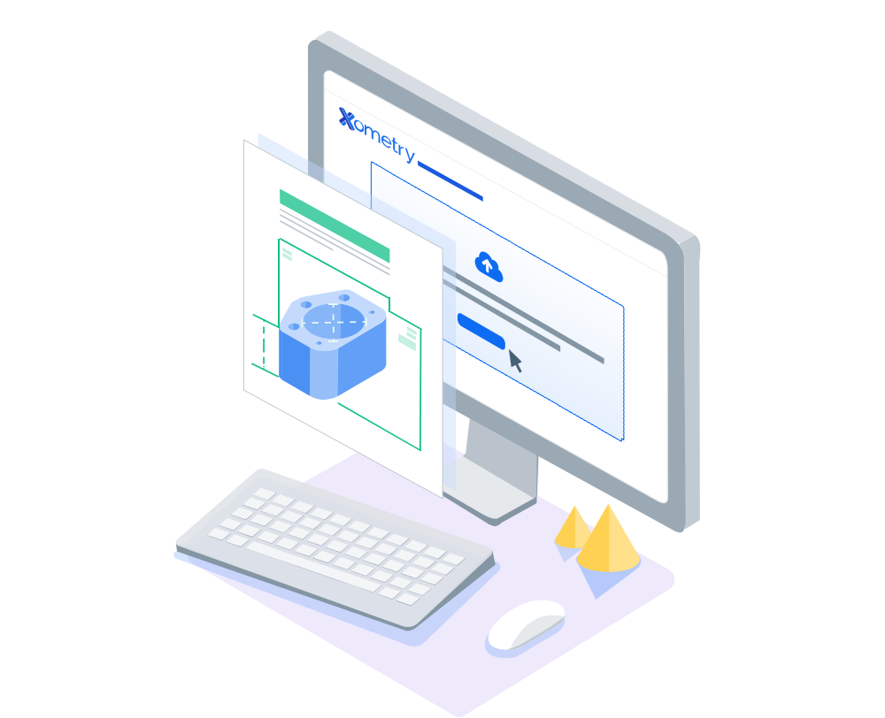 Illustration of a CAD file being uploaded.