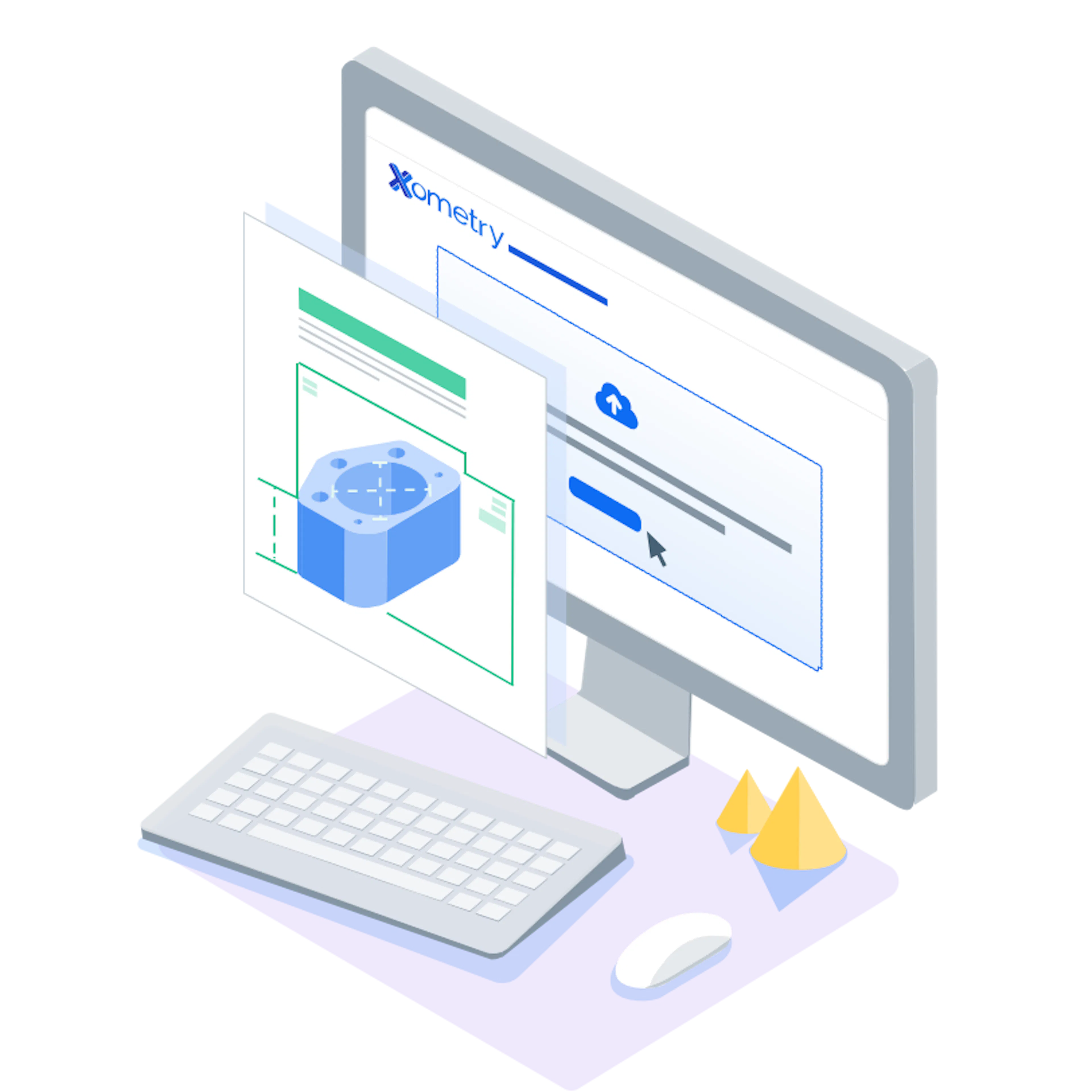 Illustration of a CAD file being uploaded.