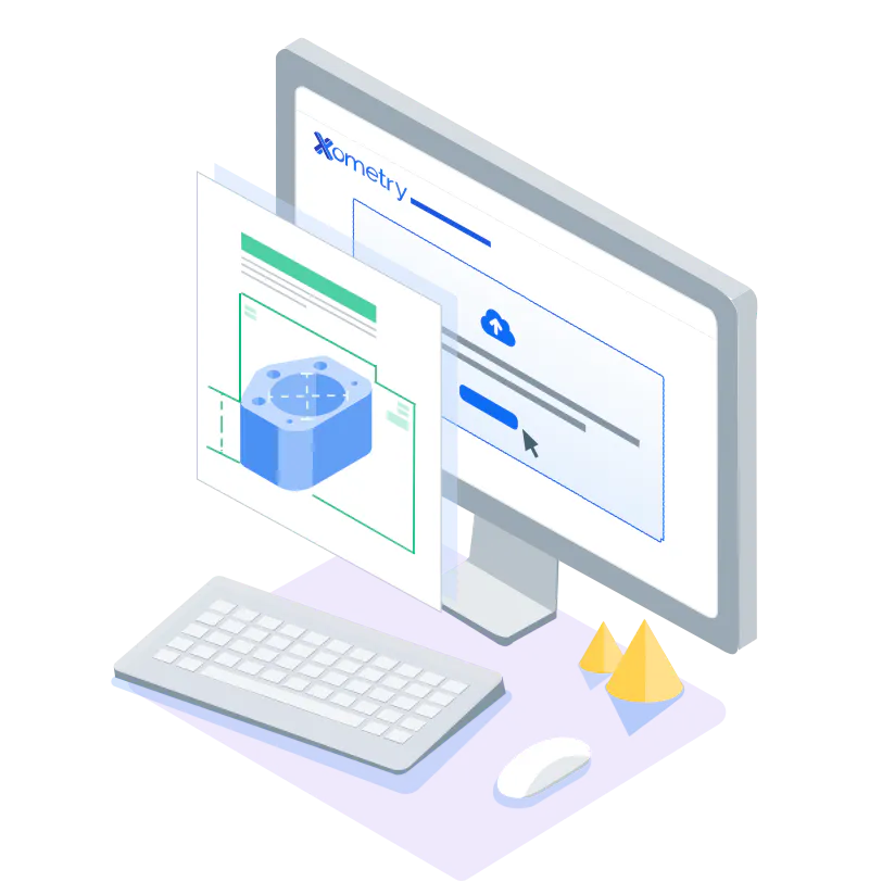 Illustration of a CAD file being uploaded.
