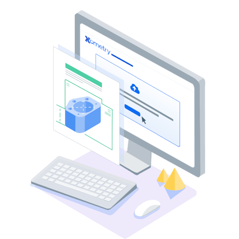 Illustration of a CAD file being uploaded.