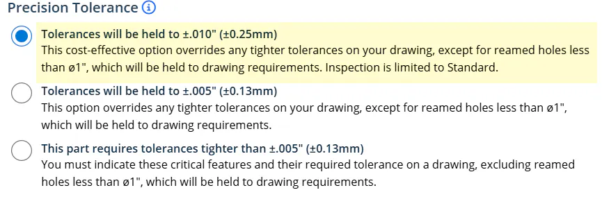 A screenshot of tolerance options for CNC machining.