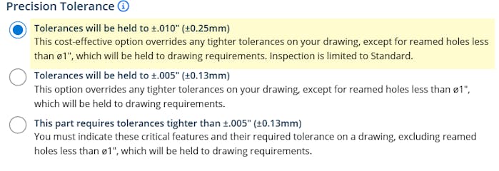 A screenshot of tolerance options for CNC machining.