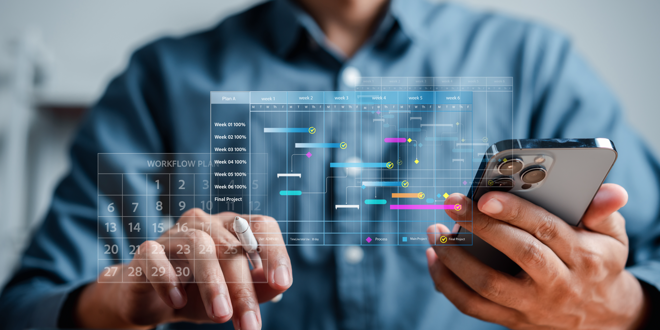Closeup of hands holding a phone with an overlay of a calendar and scheduling program