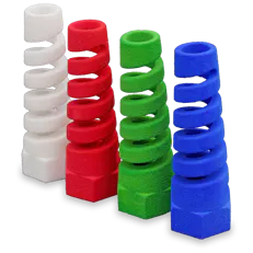 Cord grips printed with SLS in TPU 88A. Standard (white) and dyed finishes (colored) shown.