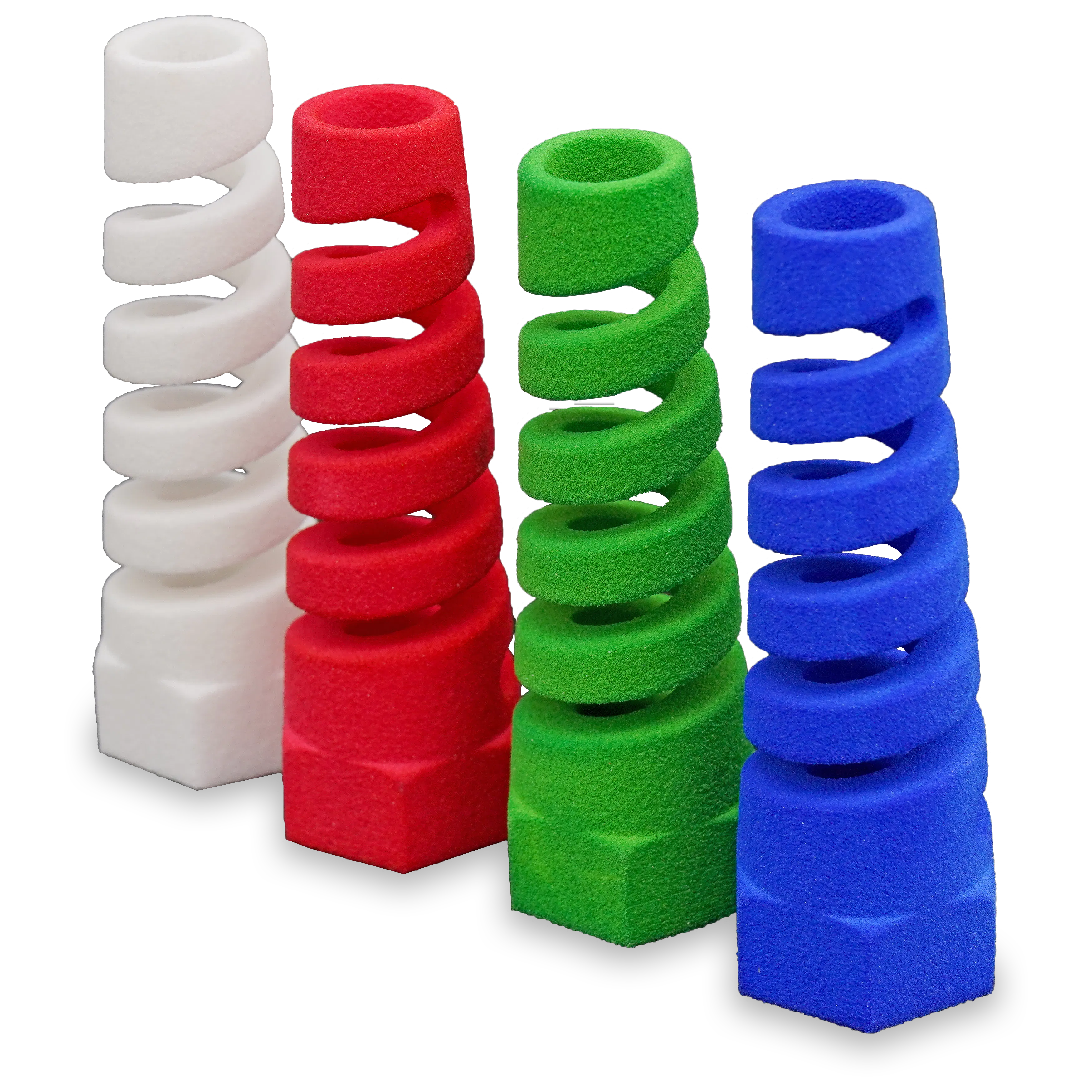 Cord grips printed with SLS in TPU 88A. Standard (white) and dyed finishes (colored) shown.