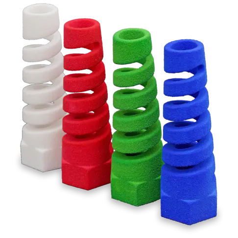 Cord grips printed with SLS in TPU 88A. Standard (white) and dyed finishes (colored) shown.