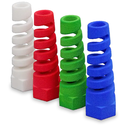 Cord grips printed with SLS in TPU 88A. Standard (white) and dyed finishes (colored) shown.