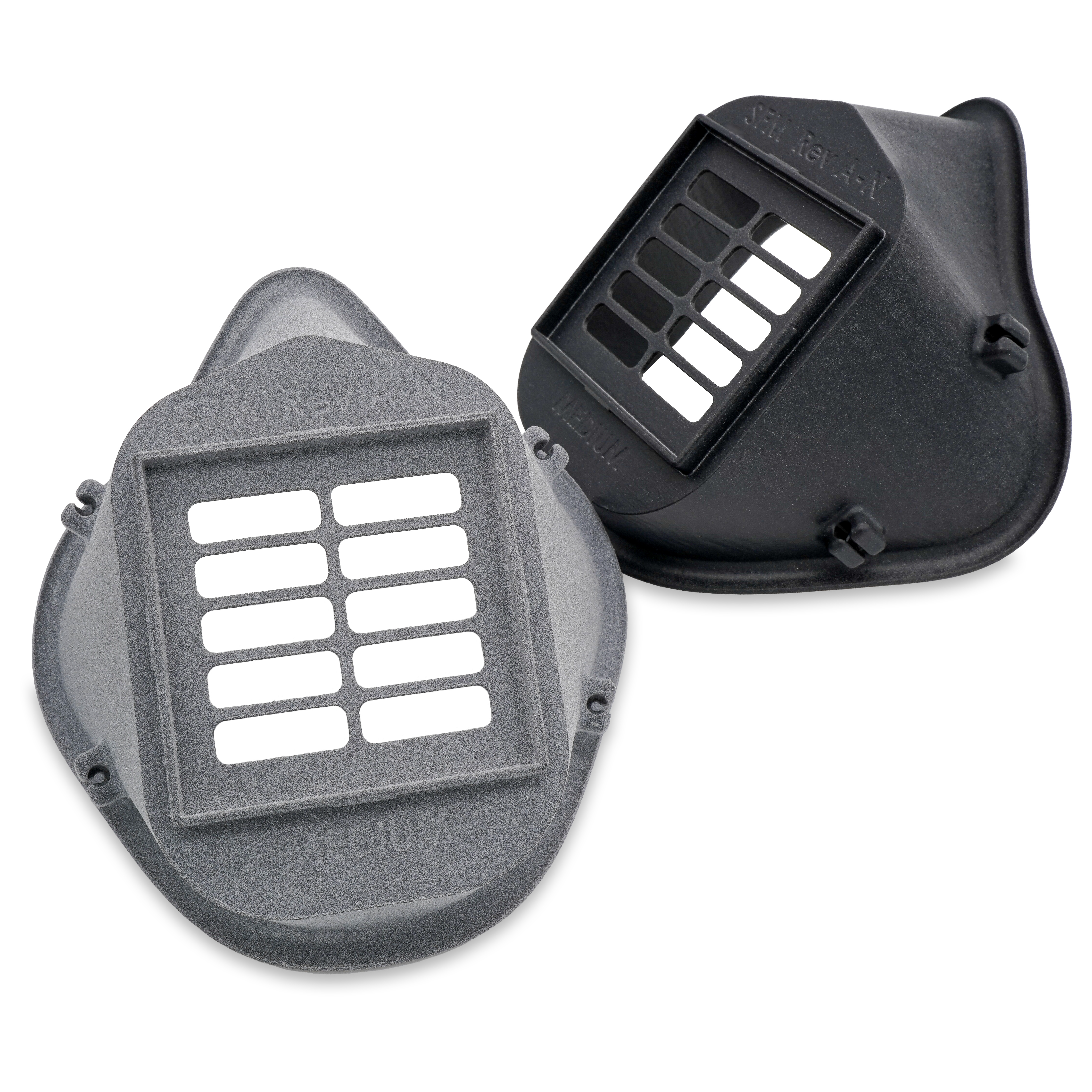 Mask bodies made out of Nylon 12, Smooth using MJF 3D printing. Standard (left) and vapor-smoothed (right) finishes shown.