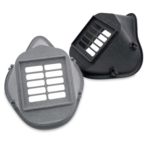 Mask bodies made out of Nylon 12, Smooth using MJF 3D printing. Standard (left) and vapor-smoothed (right) finishes shown.