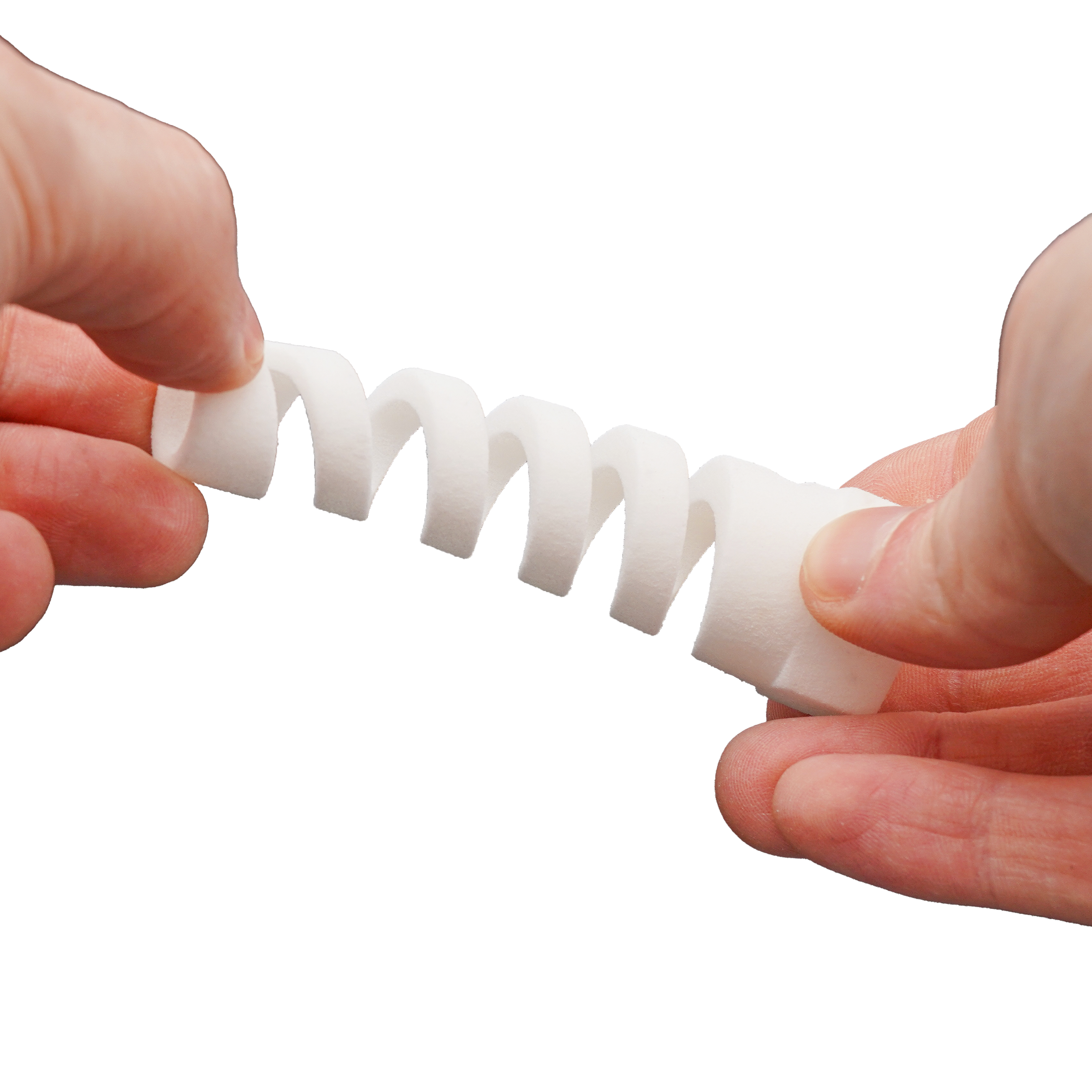 A cord grip 3D printed in TPU 88A via SLS being stretched apart.