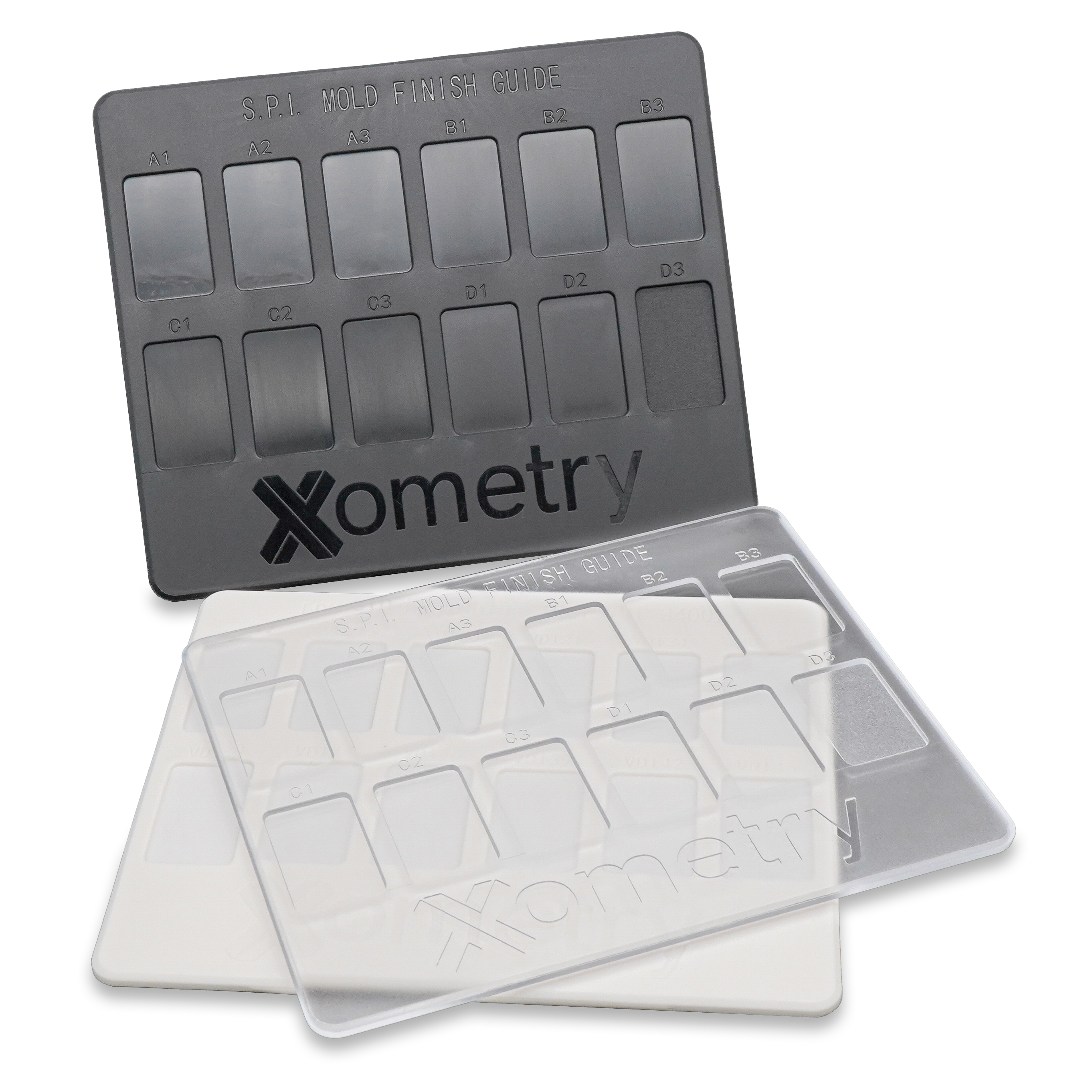 Xometry Injection Molding finish cards of various colors.
