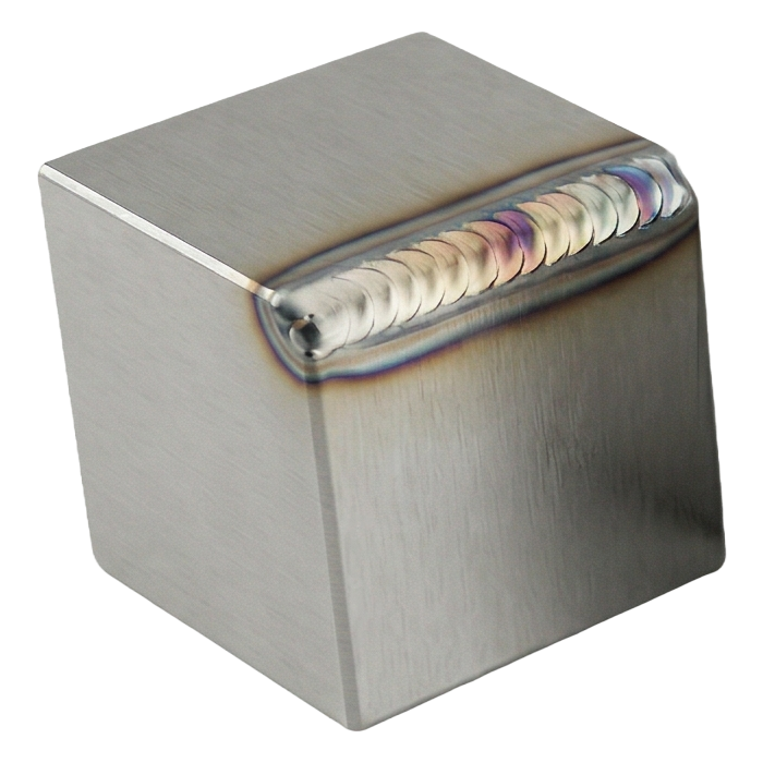 A metal cube with a continuous weld.