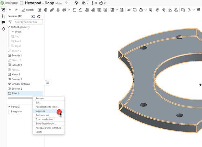 Screenshot demonstrating how to supress fillets