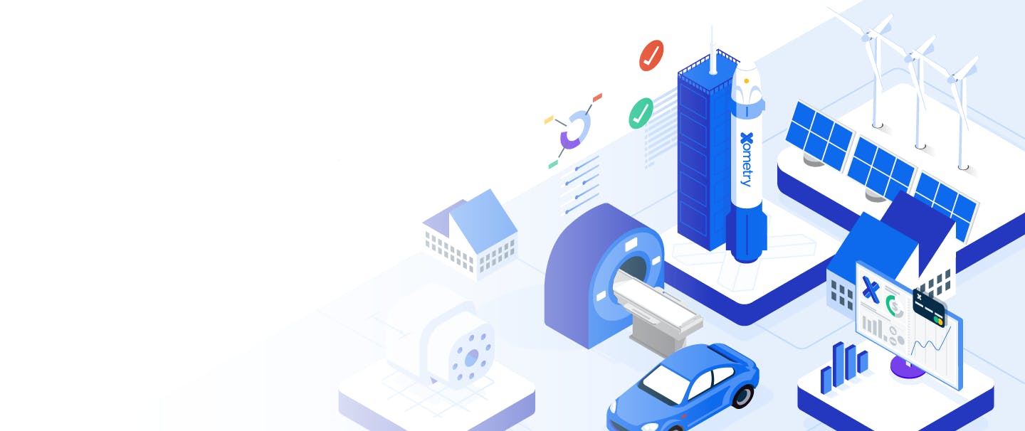 illustrations in isometric style of a rocket, a MRI machine, a car, factories, solar panels, windmills, computer screens