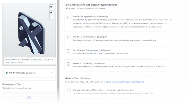 Screenshot of certification selection in Xometry quoting engine