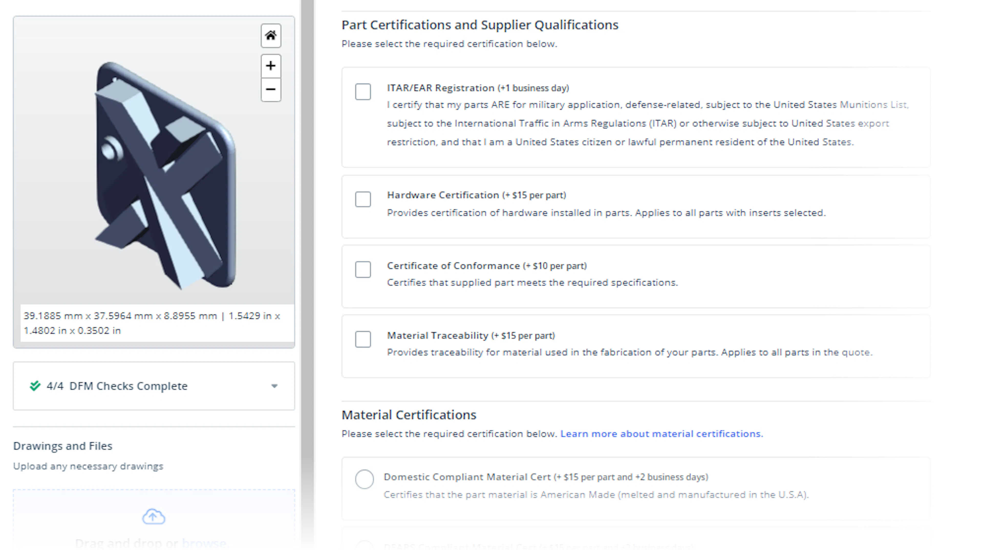 Screenshot of certification selection in Xometry quoting engine