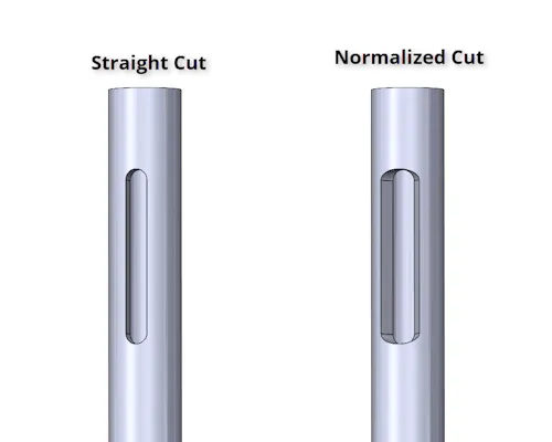 Part with straight cut slot (left) vs. normalized cut slot (right).