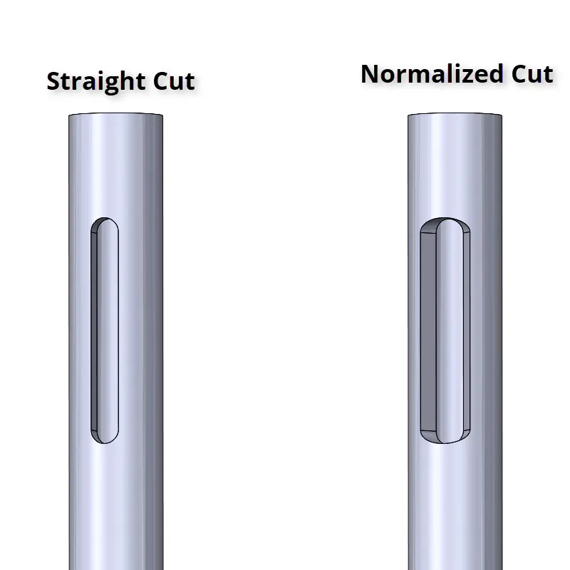 Part with straight cut slot (left) vs. normalized cut slot (right).