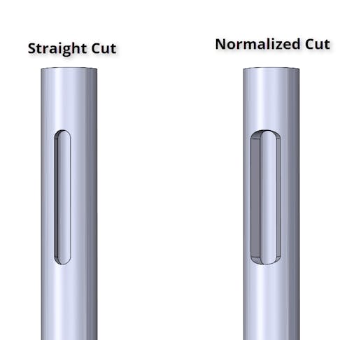 Part with straight cut slot (left) vs. normalized cut slot (right).