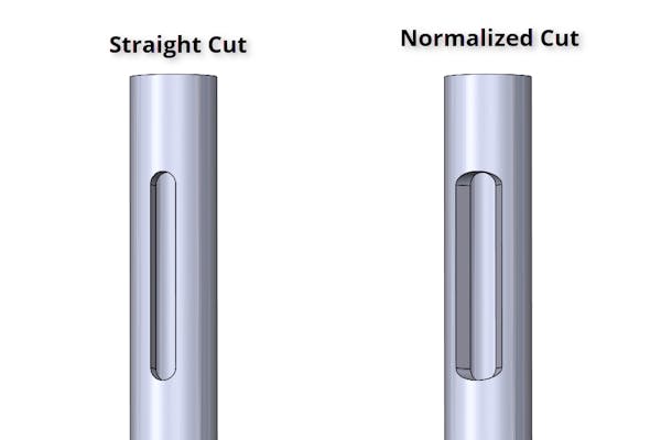 Part with straight cut slot (left) vs. normalized cut slot (right).