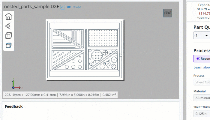 Animated graphic demonstrating dxf viewer in Xometry instant quoting engine
