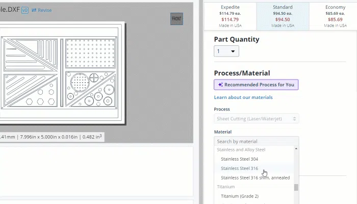 Animated graphic of choosing sheet cutting thickness in Xometry instant quoting engine