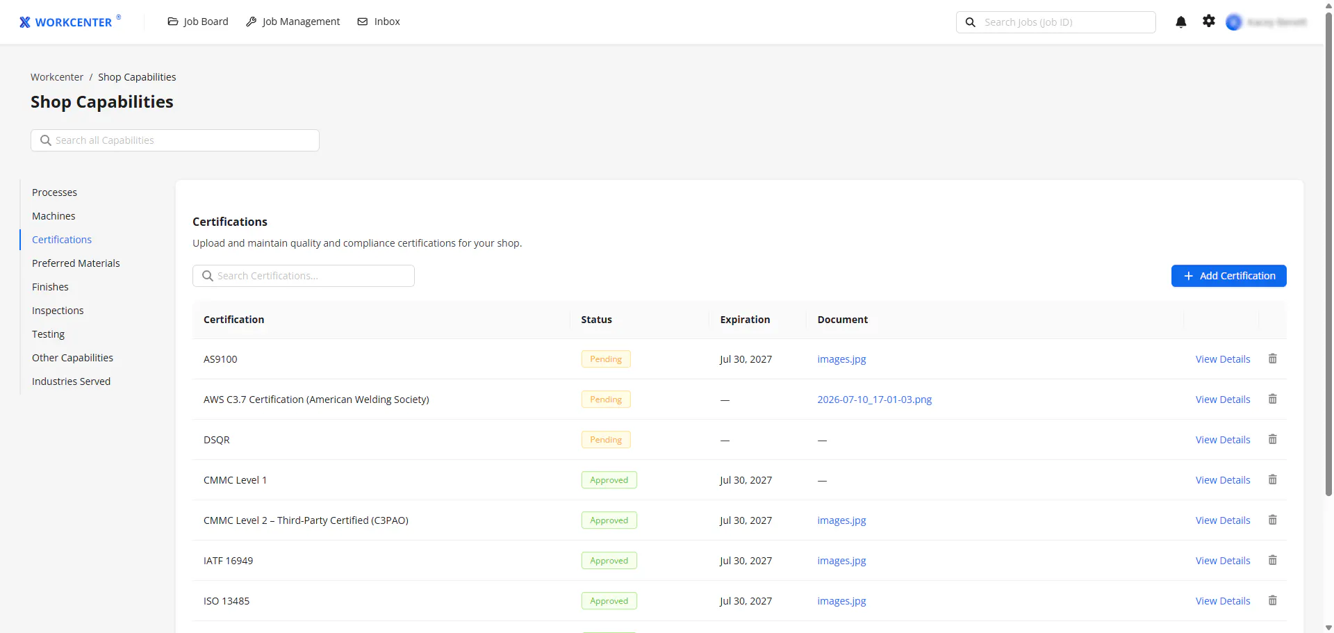 Adding certifications to the shop profile in Workcenter