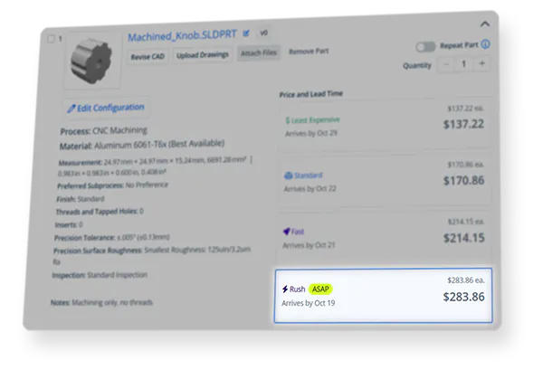 Preview of Rush service option for a CNC machining quote in Xometry quoting engine.