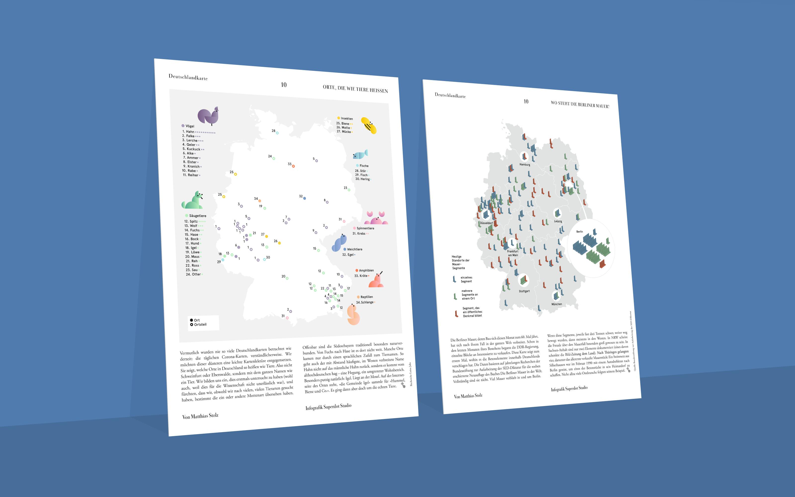 Superdot created the "Deutschlandkarte" (Map of Germany) for some issues of the weekly ZEITMagazin. These thematically different maps show facts about Germany. The focus in this project is on continuing the previous branding brief from Die Zeit, working with journalists and developing a modular easy-to-understand visual language.