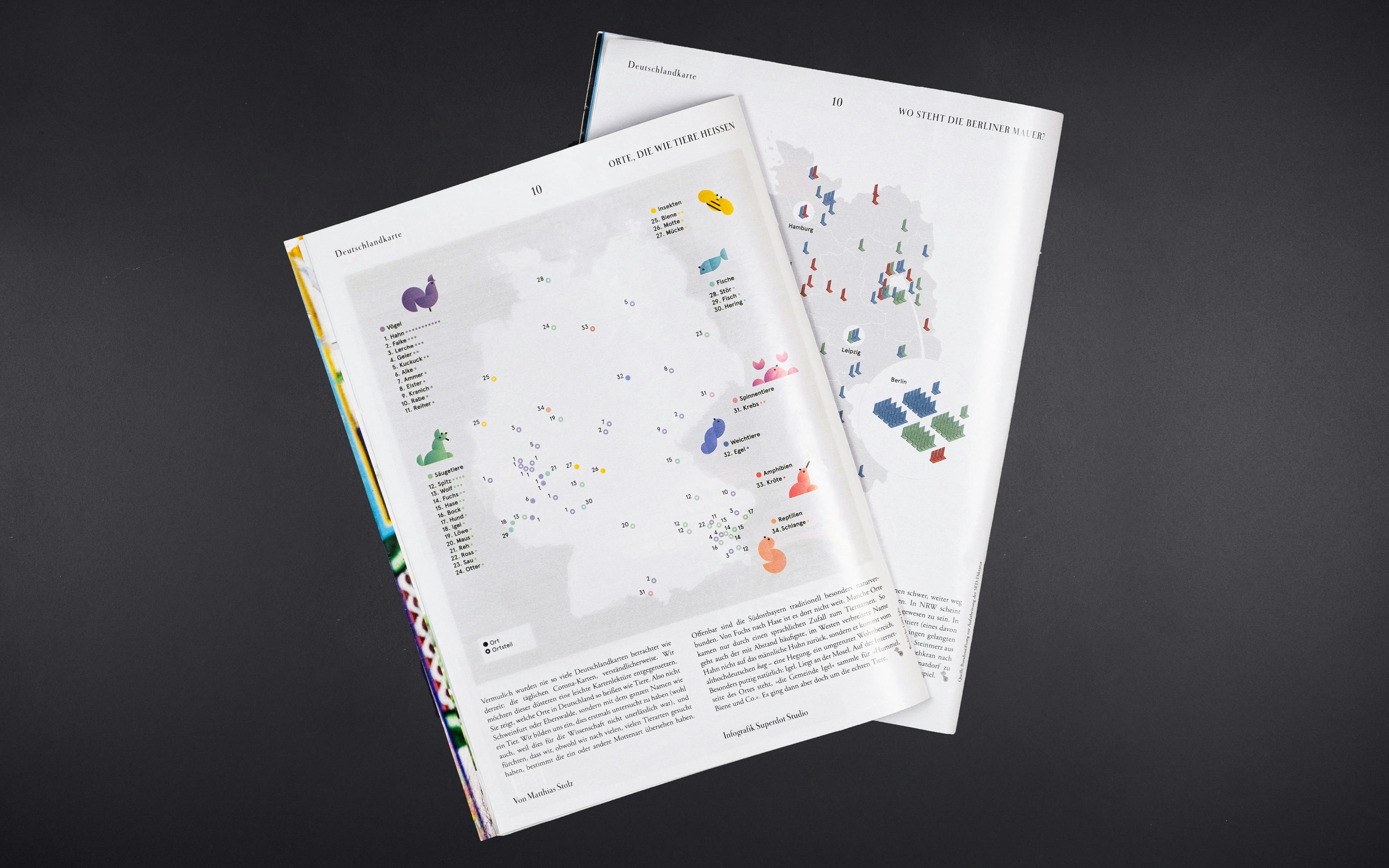 Superdot created the "Deutschlandkarte" (Map of Germany) for some issues of the weekly ZEITMagazin. These thematically different maps show facts about Germany. The focus in this project is on continuing the previous branding brief from Die Zeit, working with journalists and developing a modular easy-to-understand visual language.