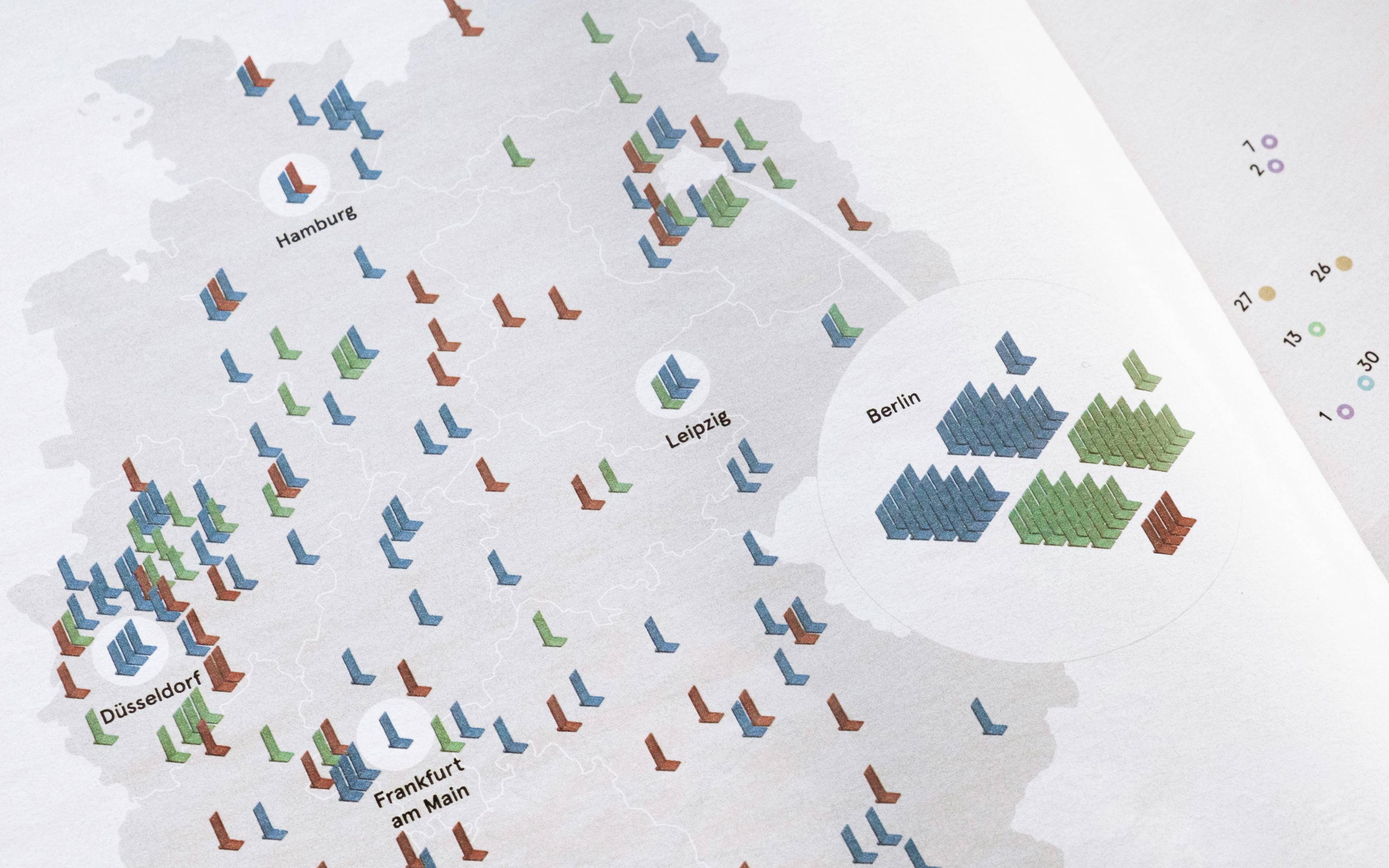 Superdot created the "Deutschlandkarte" (Map of Germany) for some issues of the weekly ZEITMagazin. These thematically different maps show facts about Germany. The focus in this project is on continuing the previous branding brief from Die Zeit, working with journalists and developing a modular easy-to-understand visual language.