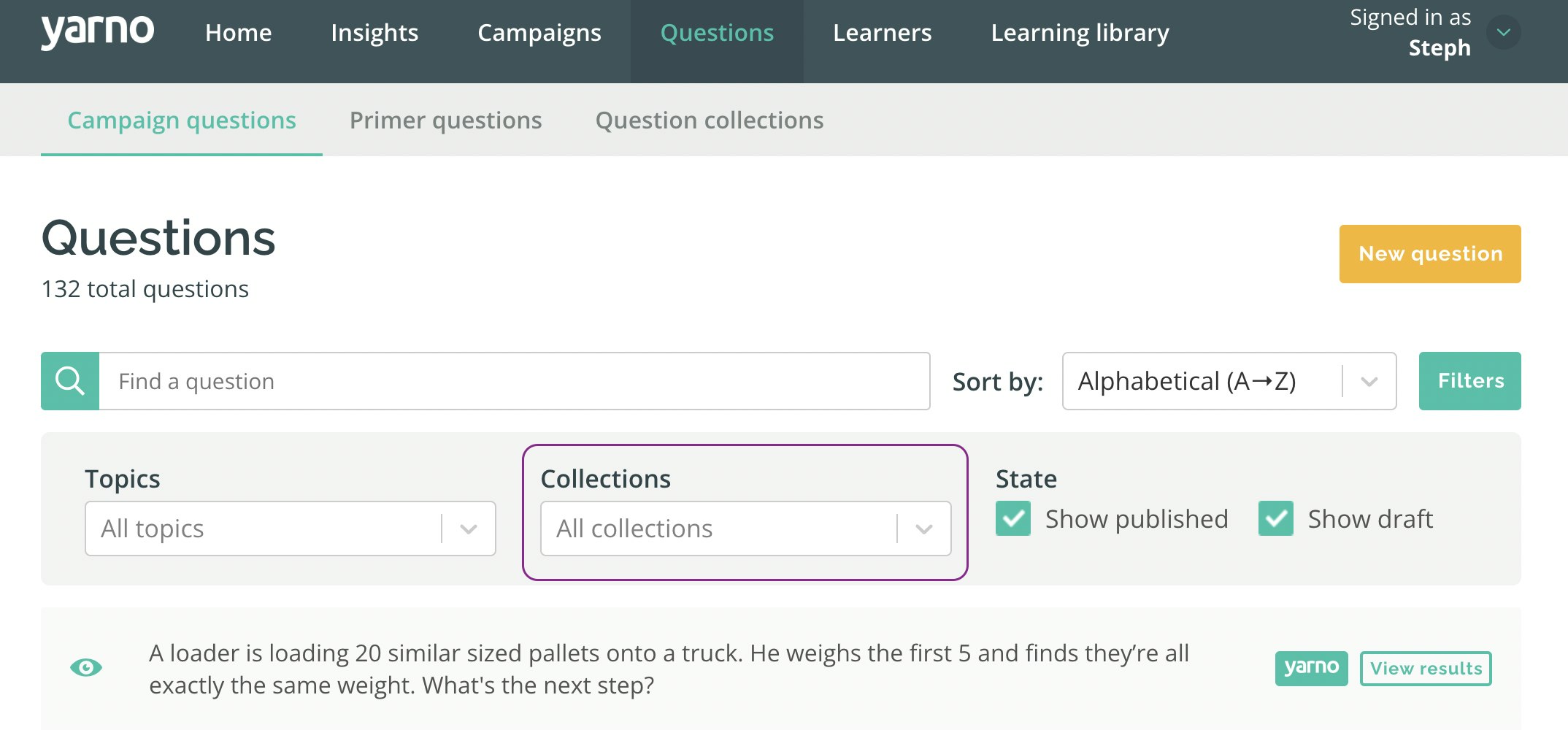 Collections option in question filter