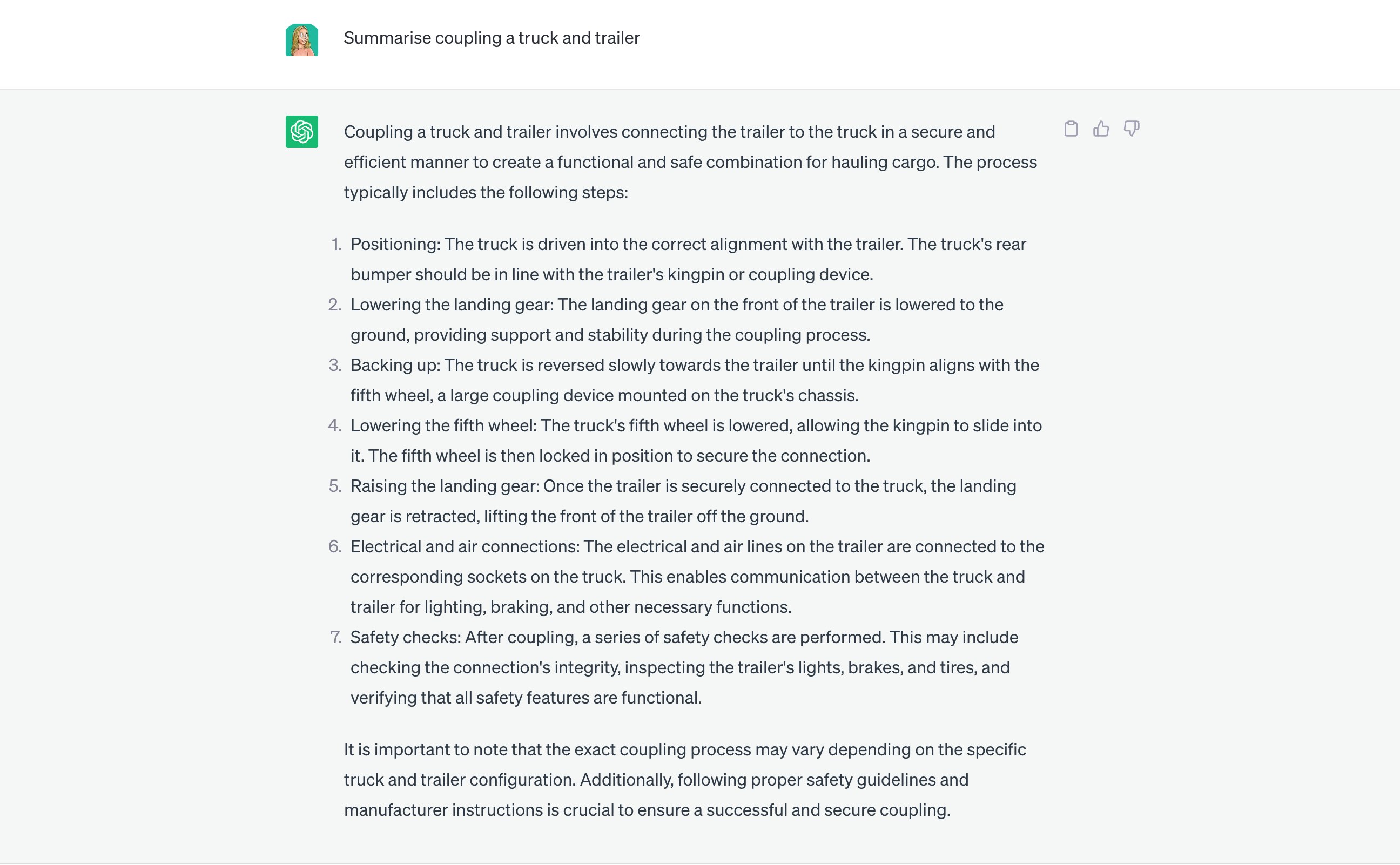 ChatGPT query, summarise coupling a truck and trailer