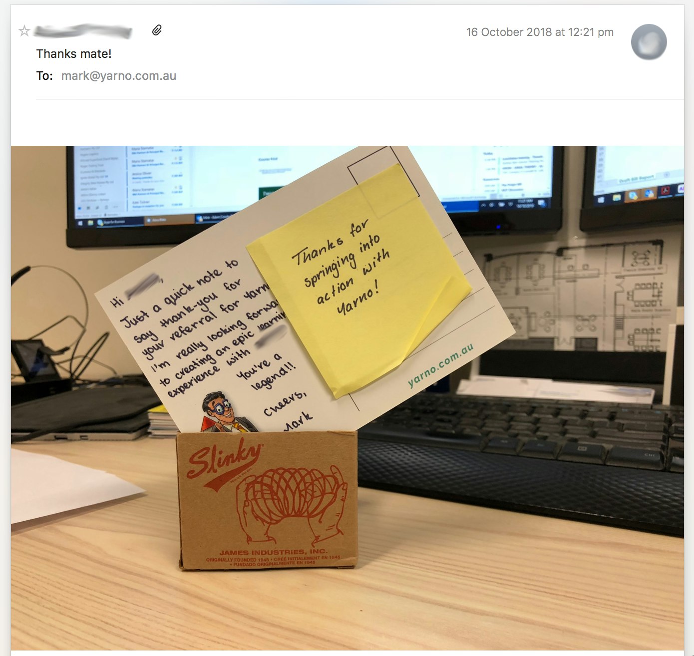 A handwritten note, with slinky box