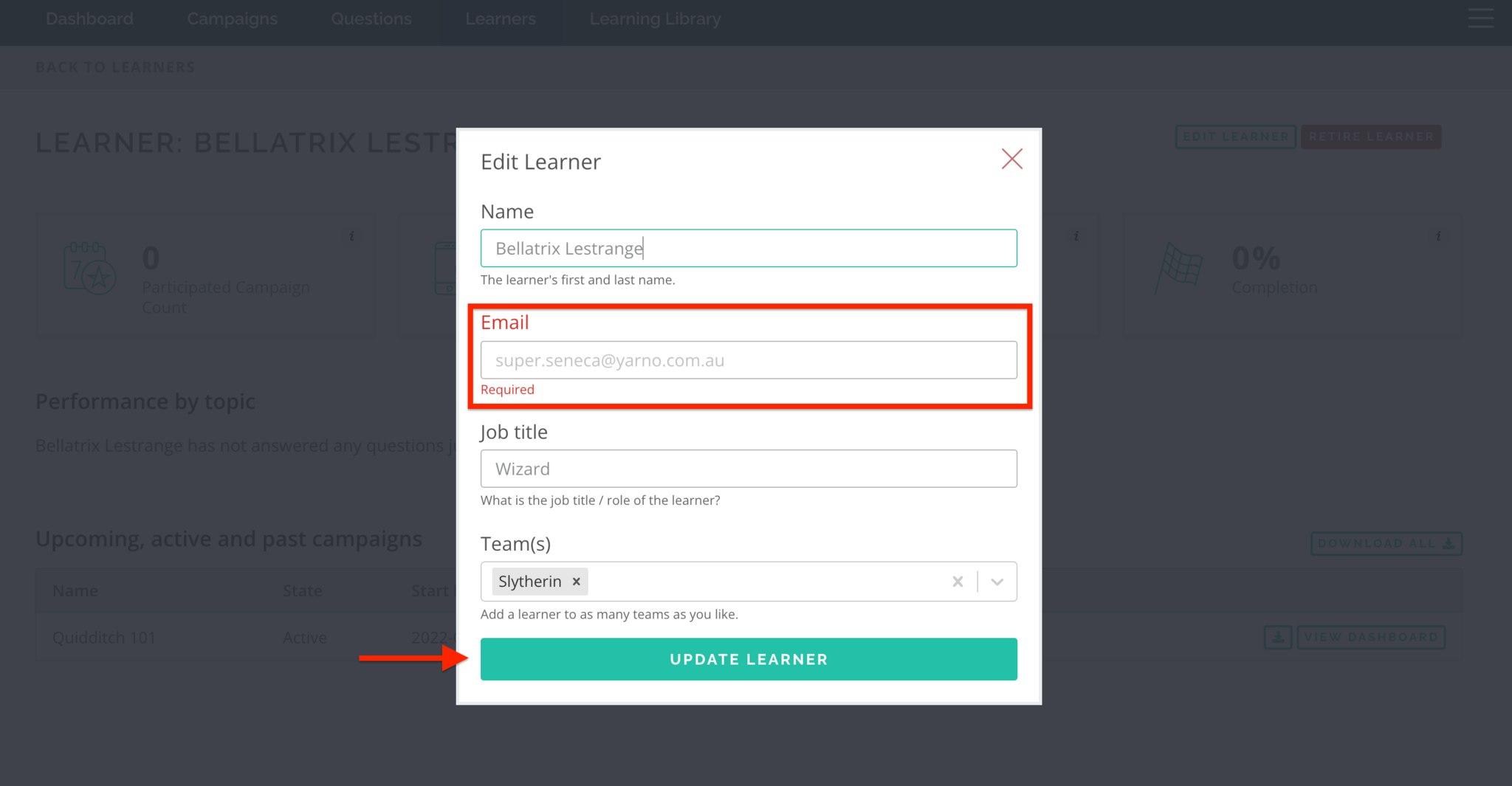 Updating a learner's details