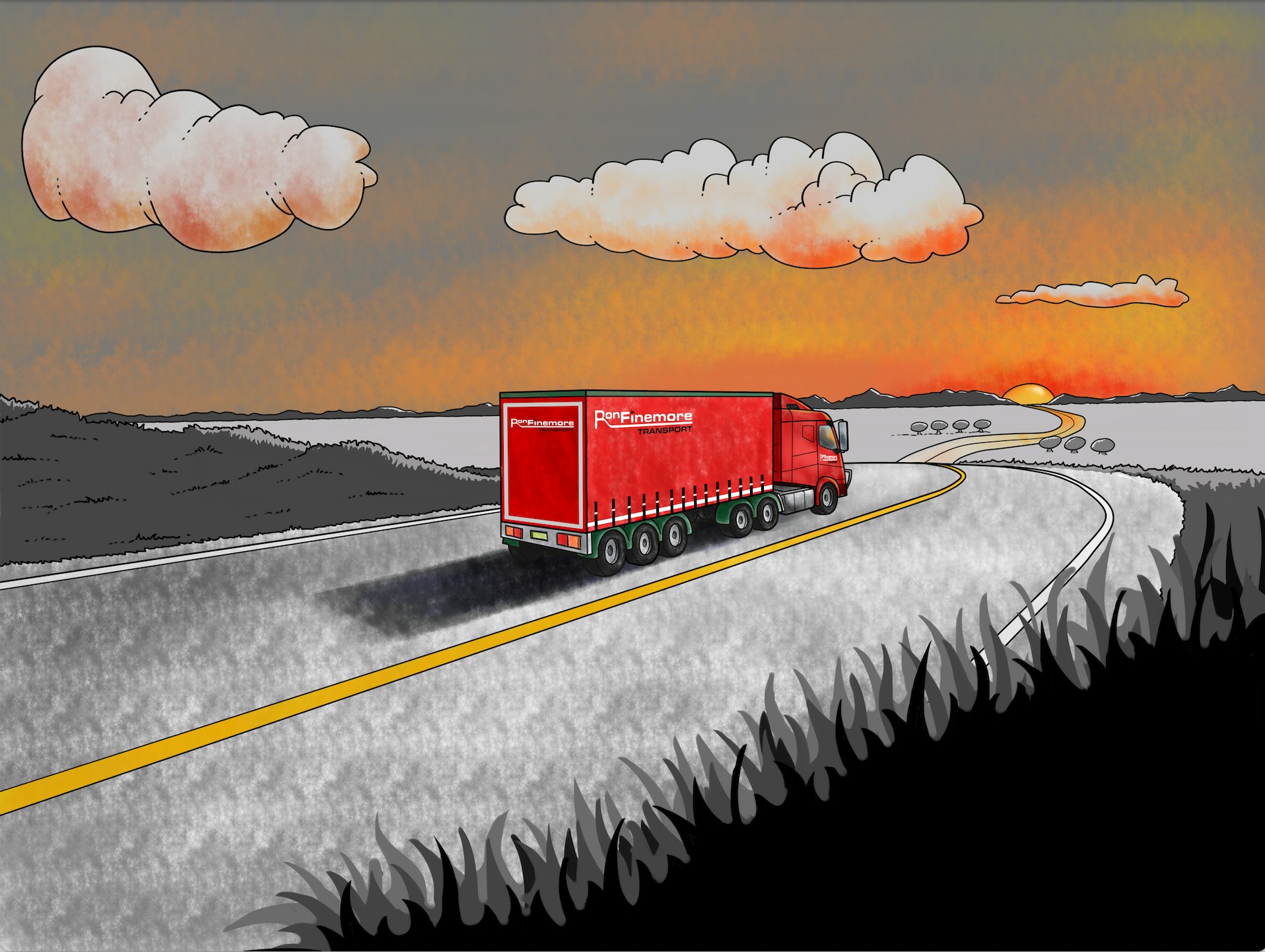 Ron Finemore Transport truck drives into the sunset