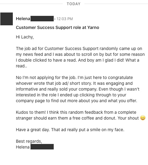 Customer success support role at Yarno
