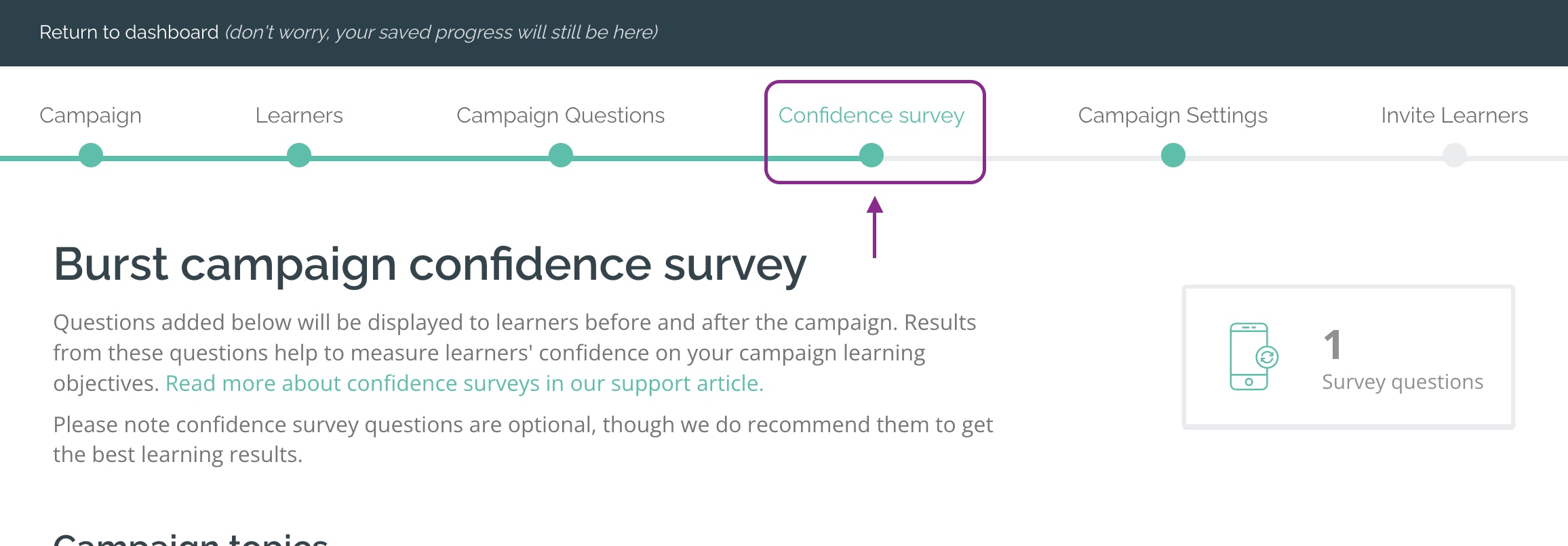Campaign creation flow, with arrow pointing to confidence survey
